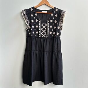 NWOT THML Black Tribal Embroidered Tiered Baby Doll A Line Dress, Size S